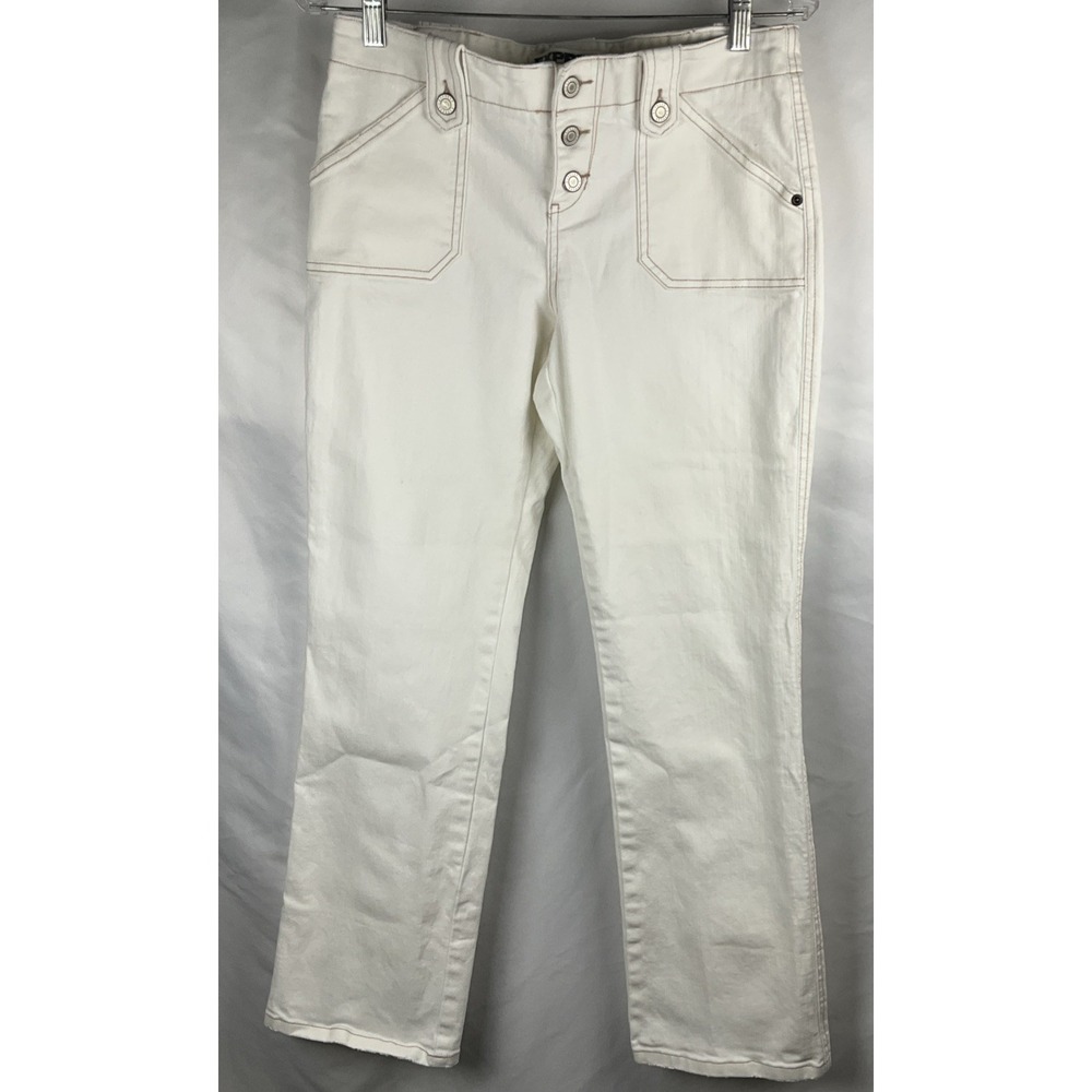 Express Women's Juniors 7/8 Creamy White Straight Leg Button Fly Mid Rise Jeans